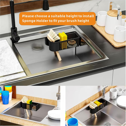Sink Caddy & Kitchen Sink Organizer,Black Sponge Holder with High Scrub Brush Holder,Plastic Kitchen Countertop Organizer,Multifunctional Sponge Drain Rack,Dish Soap,Dish Sponge Holder,Soap Dispenser