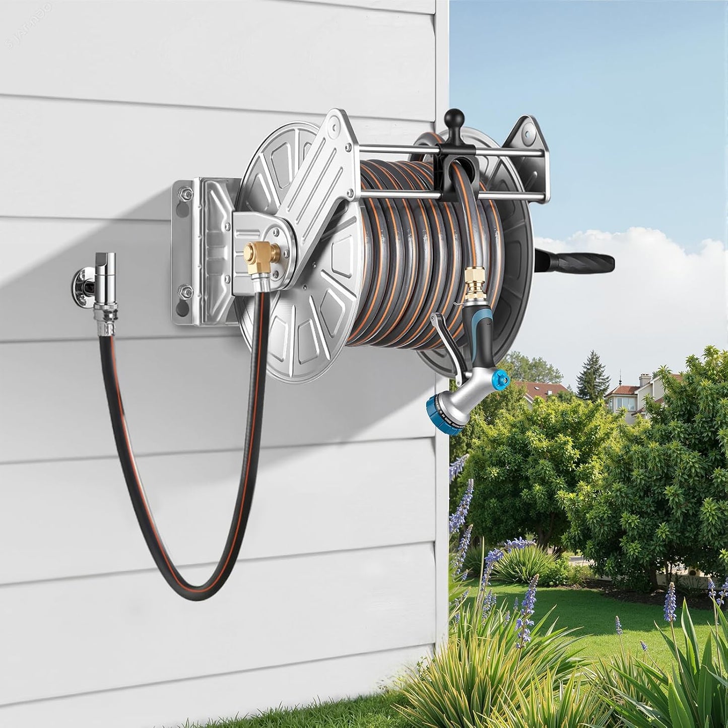 VEVOR Wall Mounted Garden Hose Reel, Holds 125 ft 5/8-inch Hose, Heavy-Duty Water Hose Winder, Space-Saving Design, Outdoor Manual Reel with Brass Fitting and Storage Basket for Yard Lawn