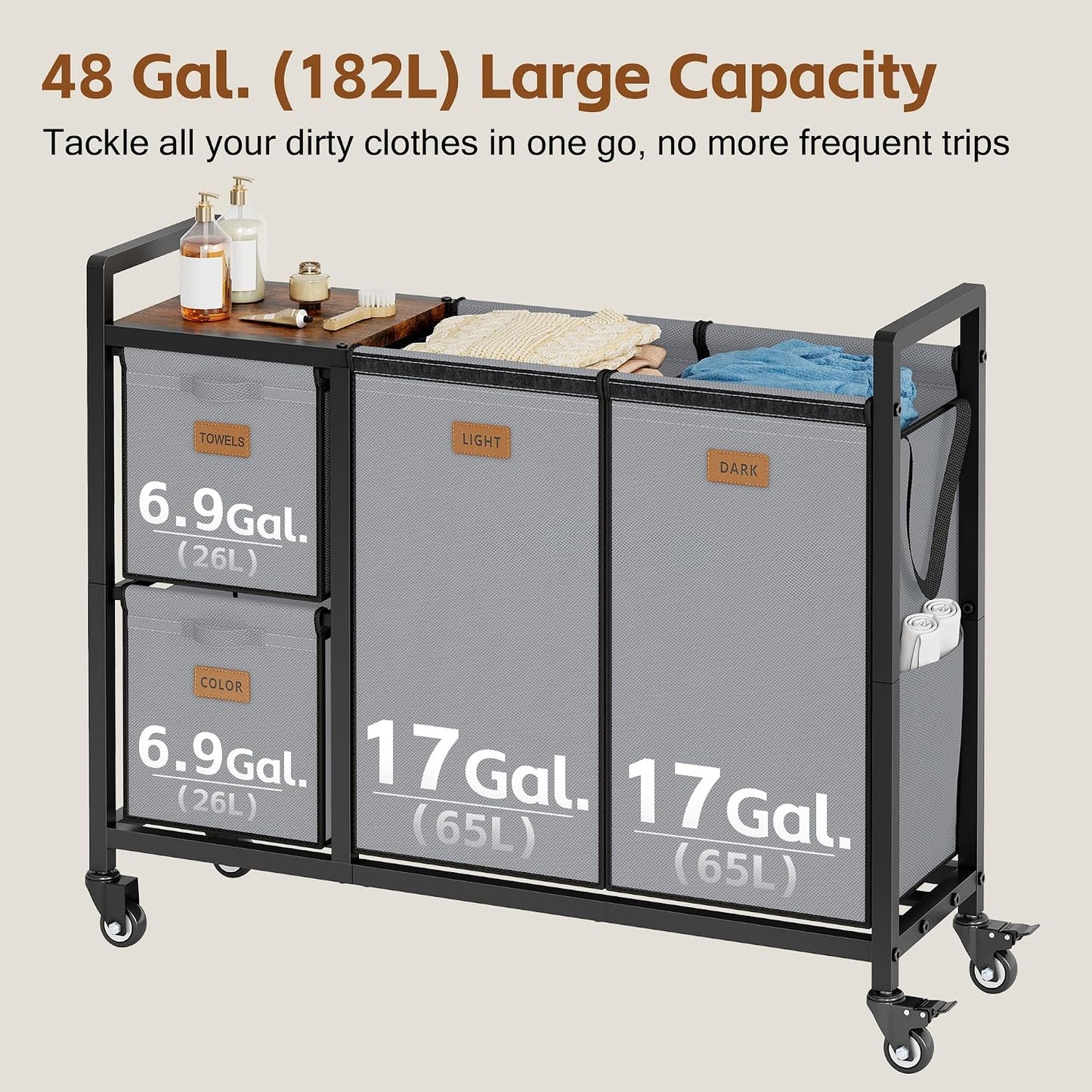 Hoctieon 4 Section Laundry Cart, 48 Gal. (182L) Laundry Hamper with Lid, Laundry Basket with Wheels, Rolling Laundry Sorter Organizer with Shelf, Clothes Separator with Removable Bags, Black
