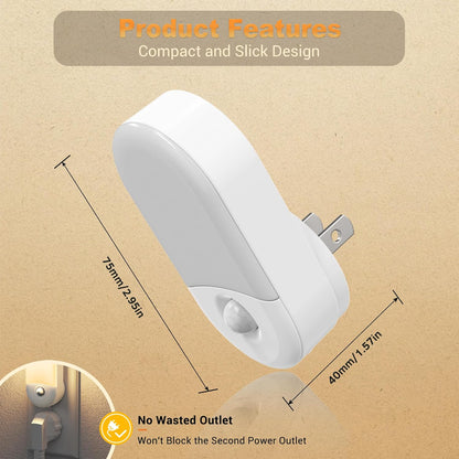 JandCase Motion Sensor Night Light, 2 Pack Motion Activated Night-Lights, 3000K Warm White LED Night Lights Plug into Wall, 30/60LM Adjustable Brightness, for Kids Adults Bathroom Bedroom