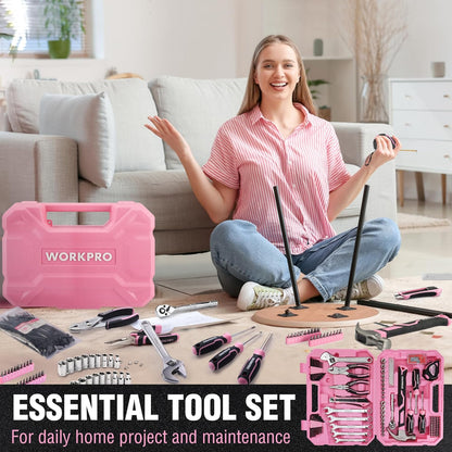 WORKPRO Pink Tool Set, 258 PCS Tool Kit for Women, Basic Household Case with Hammer, Screwdriver Set, Portable for Home Repair, New Apartment, House-Warming, DIY - Pink Ribbon