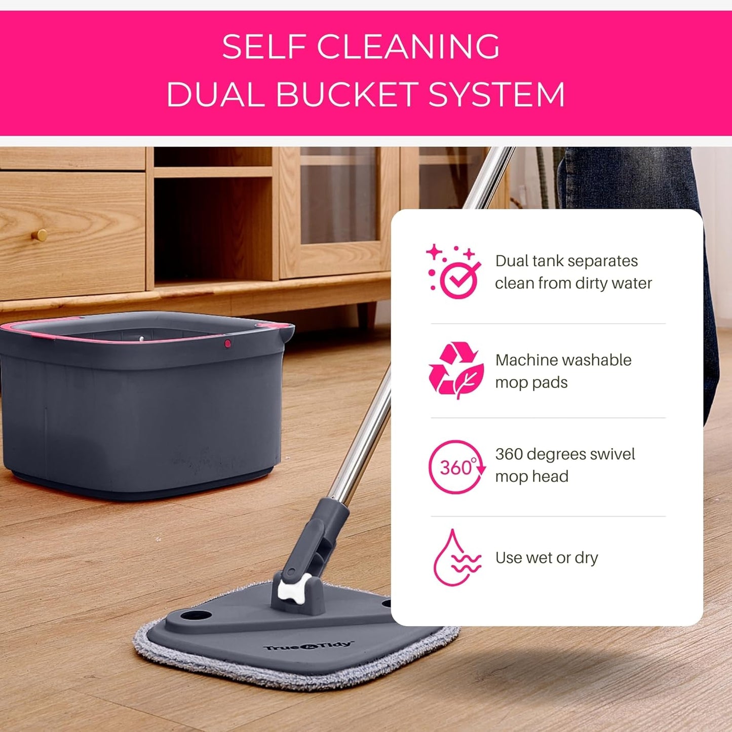 TRUE & TIDY Square Spin Mop & Bucket System – Dual Chamber for Clean & Dirty Water, 360° Rotating Self-Wringing Mop with Built-in Scrub Brush, Stainless Steel Handle & 2 Reusable Microfiber Mop Pads