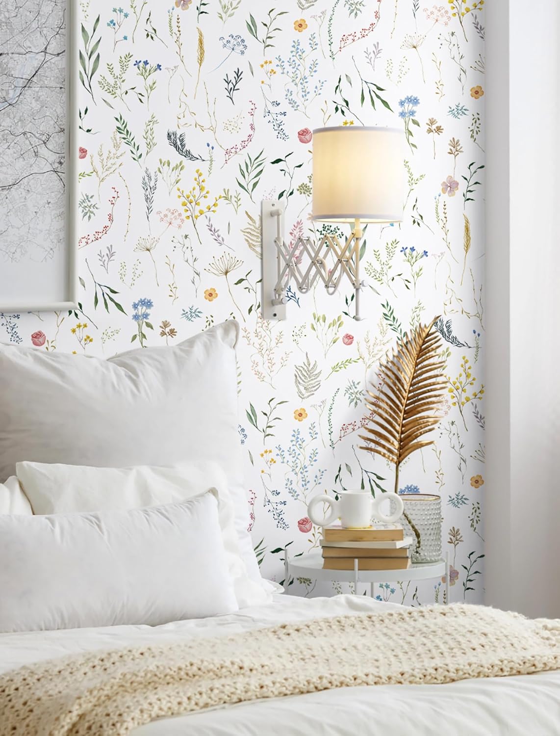 Dimoon 17.3''x78.7'' Vintage Peel and Stick Wallpaper Boho Beige Neutral Contact Paper White Floral Bird Wallpaper Removable Botanical Renter Friendly Modern Wall Paper Bedroom Bathroom Vinyl Roll