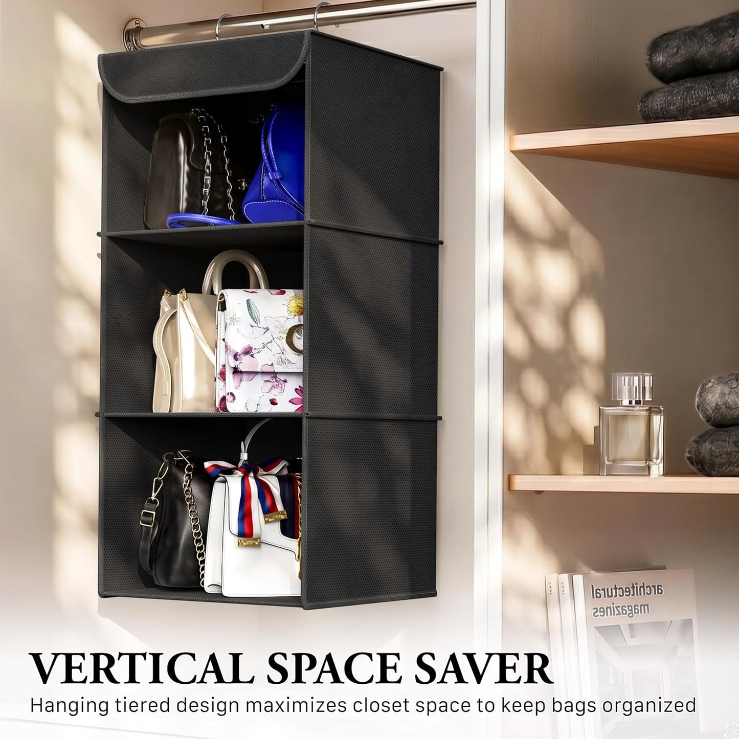 Simple Houseware 3-Shelf Hanging Closet Organizer, Fabric Storage Shelves with 57L Capacity, Black