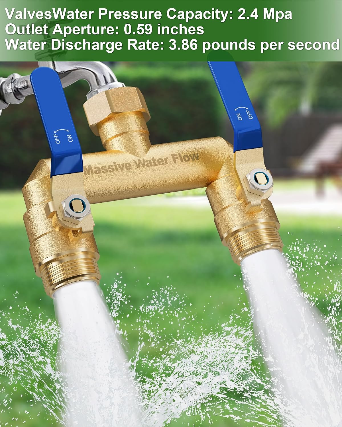 Hose Splitter 2 Way Heavy Duty, Full Flow Garden Hose Splitter with 2 Long Metal Handles, Brass Rust and Freeze Resistant Water Hose Bib Splitter, T Adapter Connector with 3/4 - Inch GHT Thread（Red）