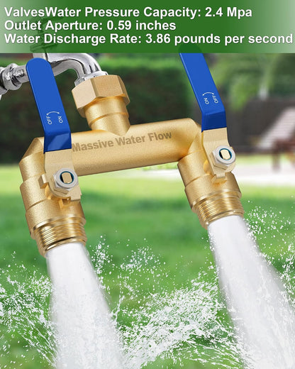Hose Splitter 2 Way Heavy Duty, Full Flow Garden Hose Splitter with 2 Long Metal Handles, Brass Rust and Freeze Resistant Water Hose Bib Splitter, T Adapter Connector with 3/4 - Inch GHT Thread（Red）