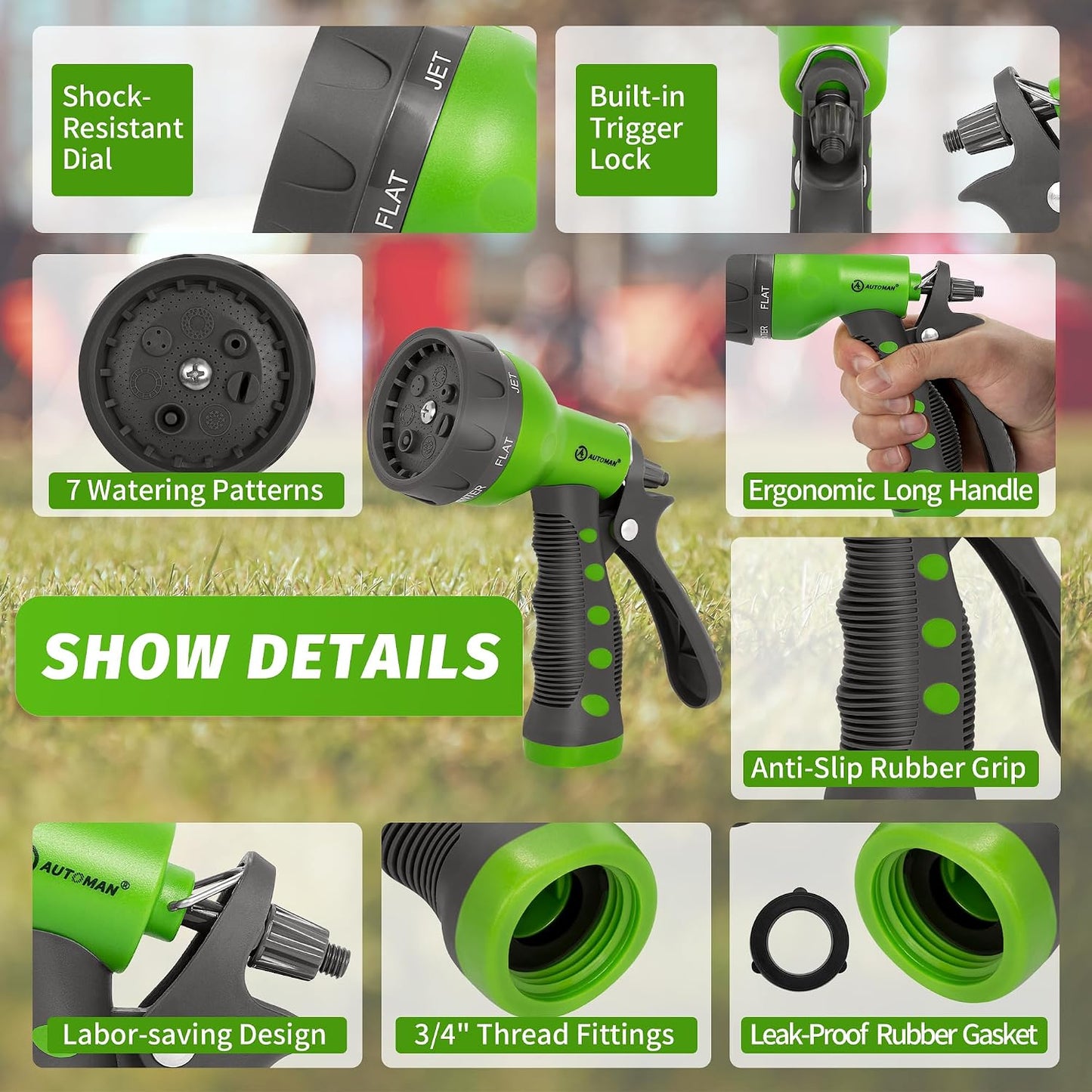 AUTOMAN Garden Hose Nozzle - 2 Pack, 100% Metal High Pressure Spray Nozzle, Labor-Saving Design, Heavy Duty for Garden Watering, Car Washing, Window Cleaning, Pets Bathing