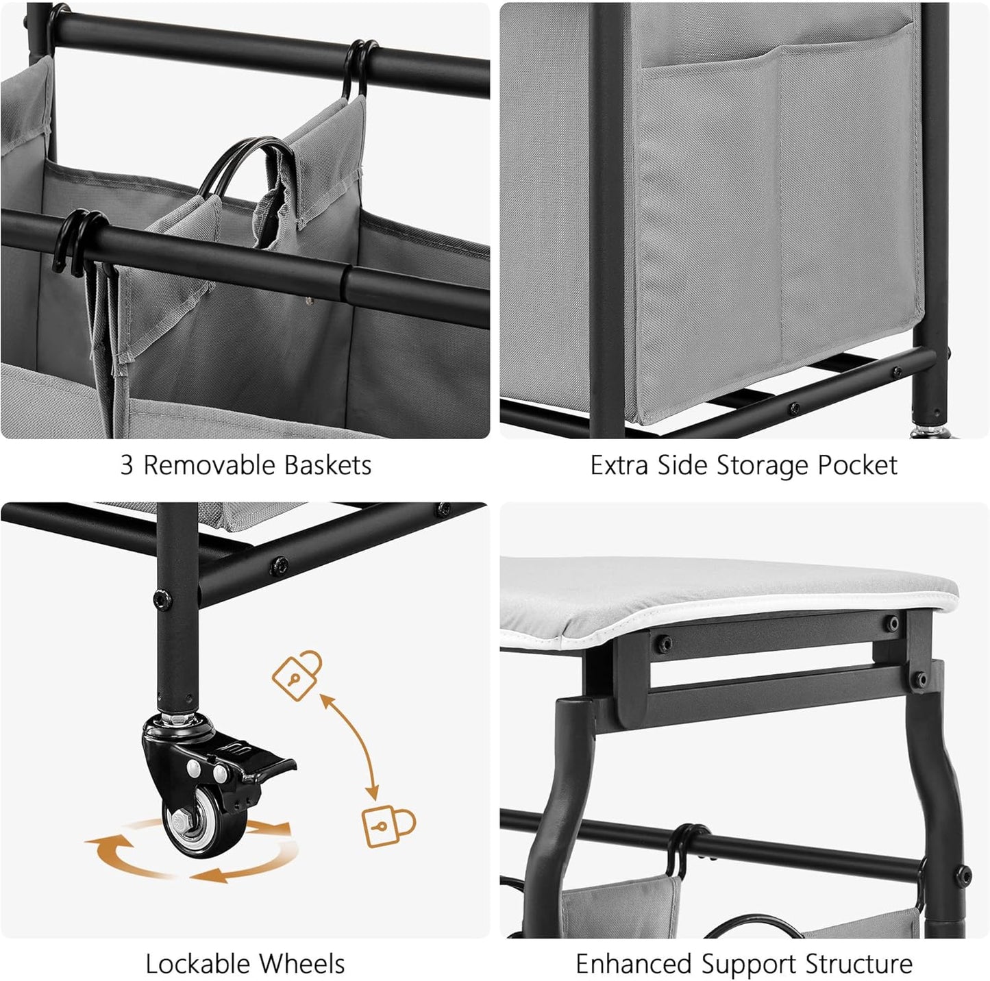 Hoctieon 3 Section Laundry Sorter Cart with Ironing Board, Laundry Hamper with Shelf and Rolling Wheels, Heavy Duty Laundry Basket Organizer, Large Clothes Separator Hamper with Removable Bags, Black
