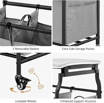 Hoctieon 3 Section Laundry Sorter Cart with Ironing Board, Laundry Hamper with Shelf and Rolling Wheels, Heavy Duty Laundry Basket Organizer, Large Clothes Separator Hamper with Removable Bags, Black