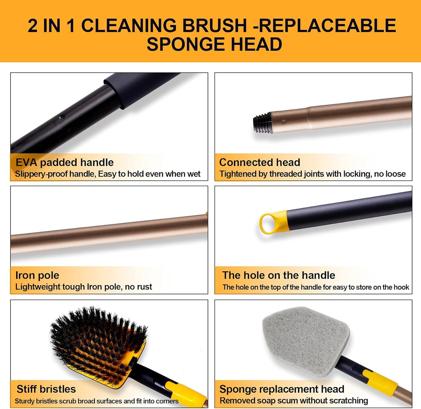 Yocada Tub Tile Scrubber Brush 2 in 1 Cleaning Brush 4*Scouring Pads 58.2 Inch Adjustable Telescopic Pole Stiff Bristles for Cleaning Bathroom Kitchen Toilet Wall Tub Tile Sink Non Scratch