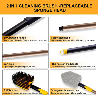 Yocada Tub Tile Scrubber Brush 2 in 1 Cleaning Brush 4*Scouring Pads 58.2 Inch Adjustable Telescopic Pole Stiff Bristles for Cleaning Bathroom Kitchen Toilet Wall Tub Tile Sink Non Scratch
