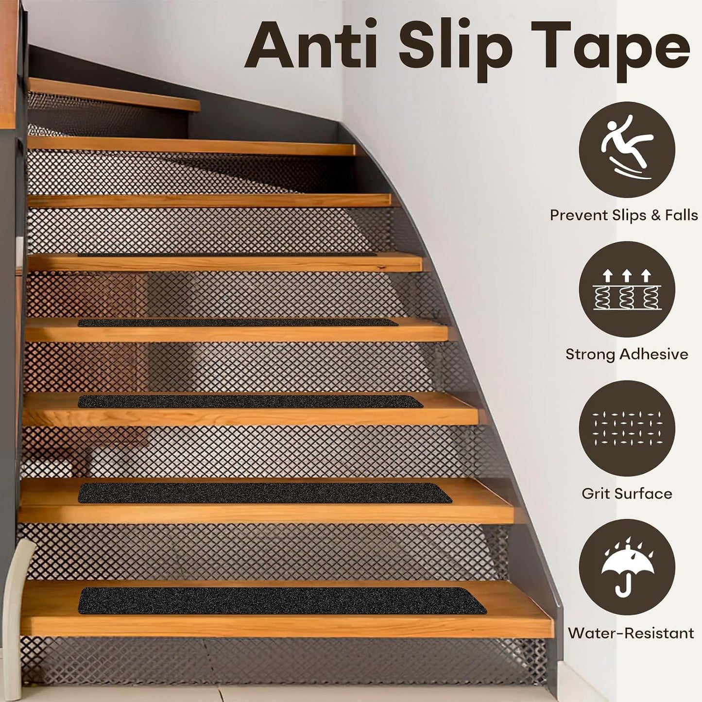 10 Pack 6” x 30” Anti Slip Traction Treads with Glow in The Dark Stripe, Outdoor Waterproof Non Skid Pre-Cut Tape with Roller, High Traction Friction Abrasive Adhesive for Stairs Step