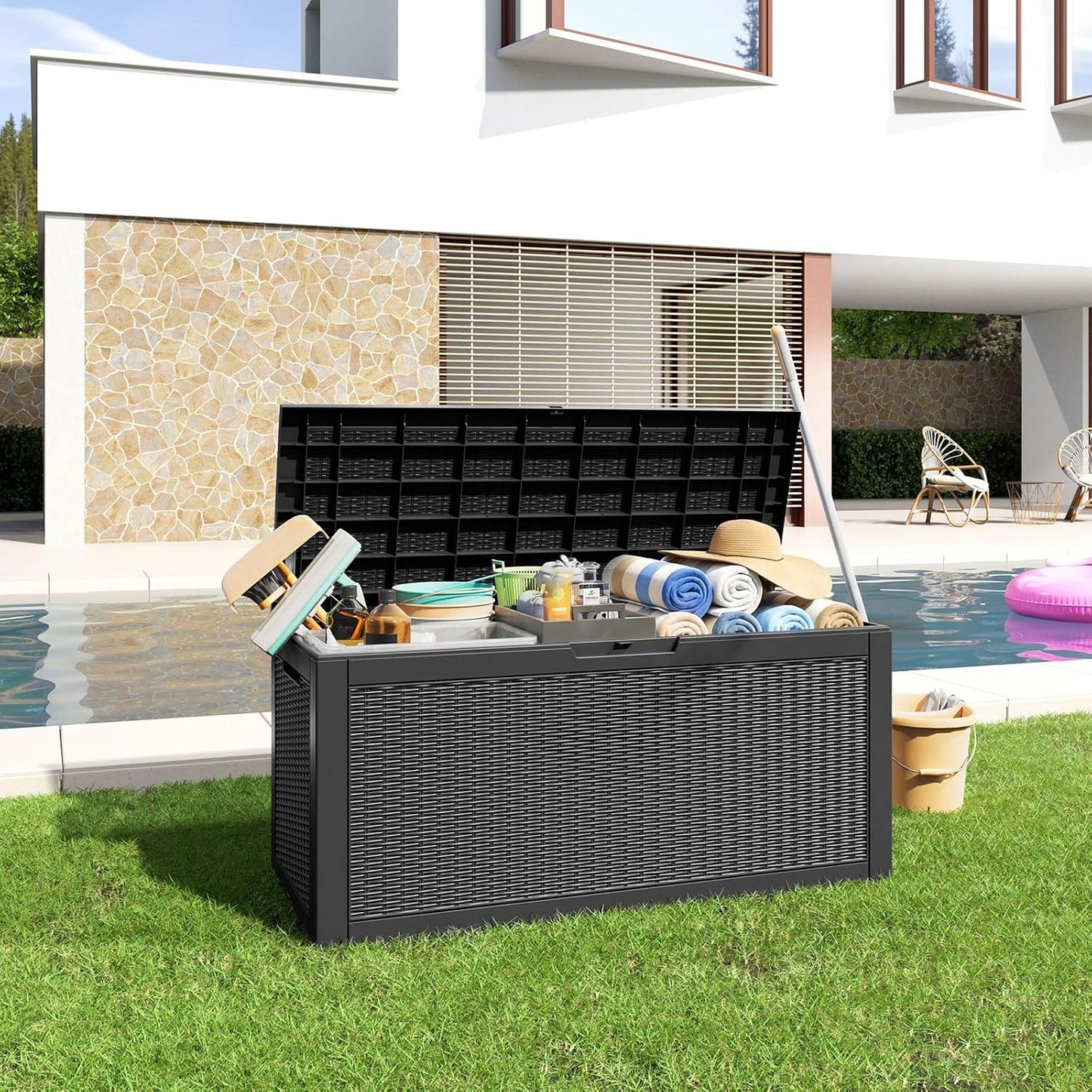 320 Gallon Outdoor Storage Box,Large Waterproof UV Resistant Deck Box,Lockable Storage Container for Patio Furniture Cushions Garden Tools and Pool Accessories(Black)