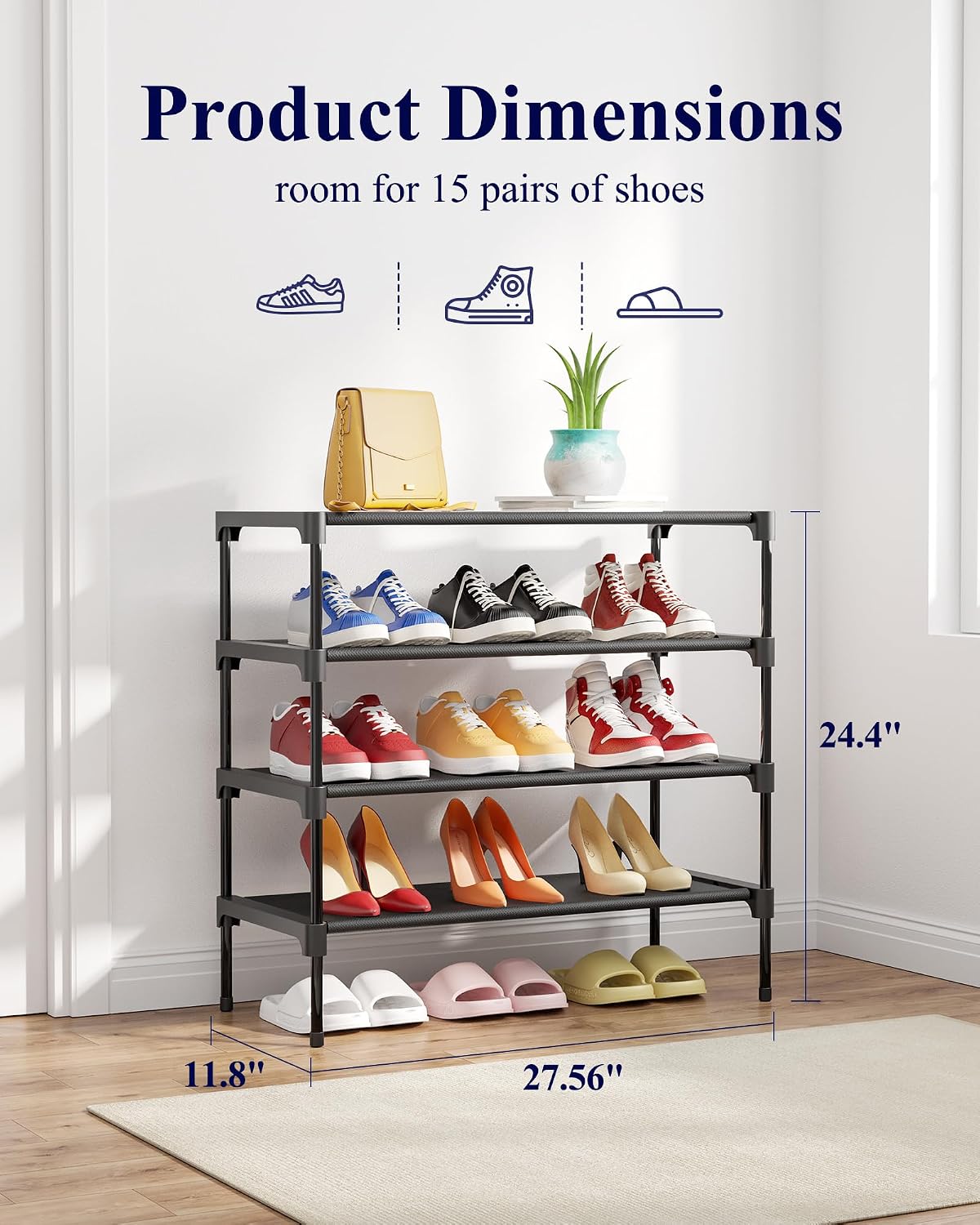Kitsure Shoe Rack - Non-Woven Shoe Rack Shelf, Shoe Organizer for Closet, Entryway, Garage & Corridor, Stackable Shoe Shelves, 27.5" Wide - 3 Tier, Black