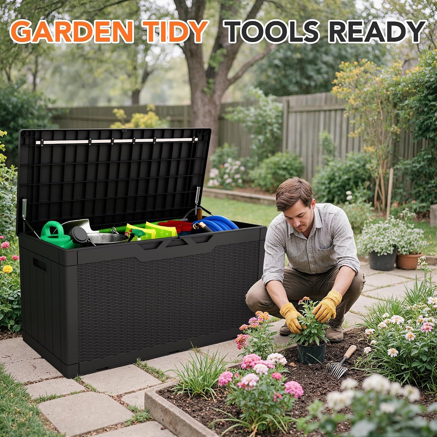 32 Gallon Deck Box Outdoor Indoor Waterproof Storage Box for Patio Furniture, Pool Accessories, Garden Tools, and Cushion Storage, Black