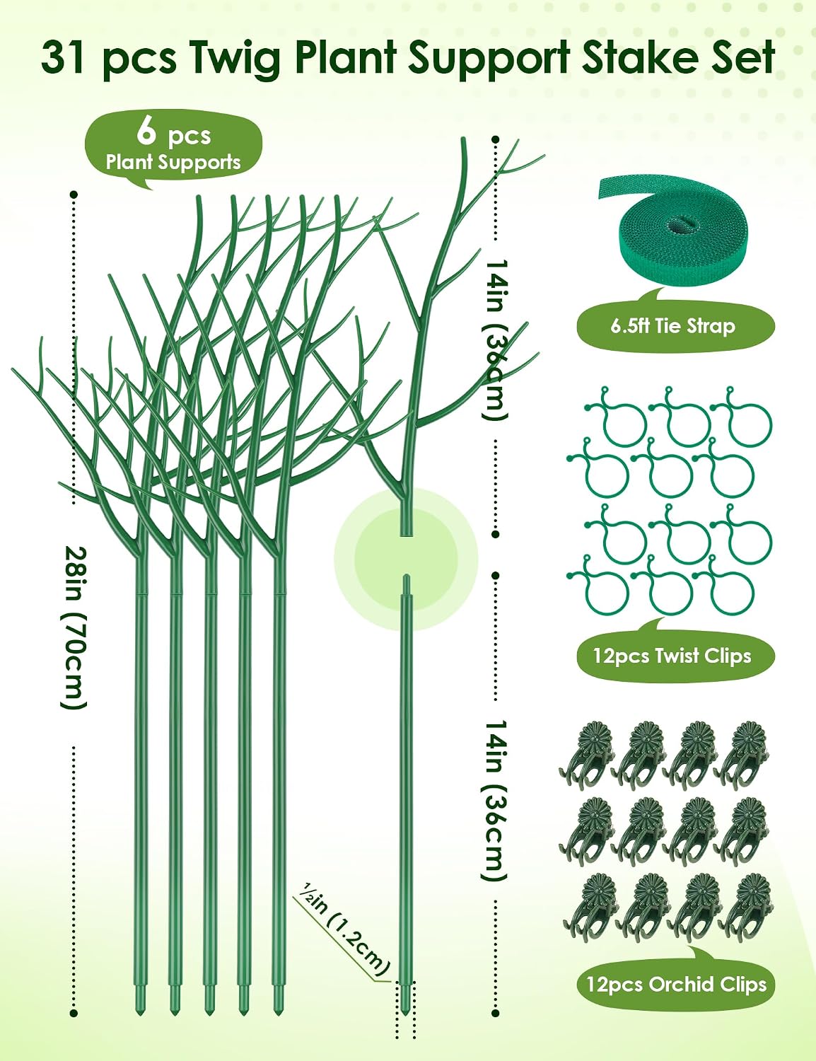 NiHome Comprehensive Plant Support Stake Set of 6 - Durable, UV Resistant 39.5" Stakes with Extension Poles, Orchid Clips & Plant Ties for Climbing Indoor & Outdoor Plants, Monstera, Pothos & More