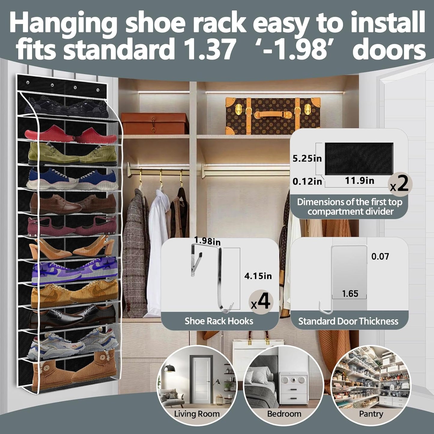 PAULONE 12 Pocket Over the Door Shoe Organizer,Reusable Breathable Large Mesh Bag Men's & Women's Sneaker Organizer,Shoe Organizer for Kids,Hanging Shoe Storage Hanging Bag (White)