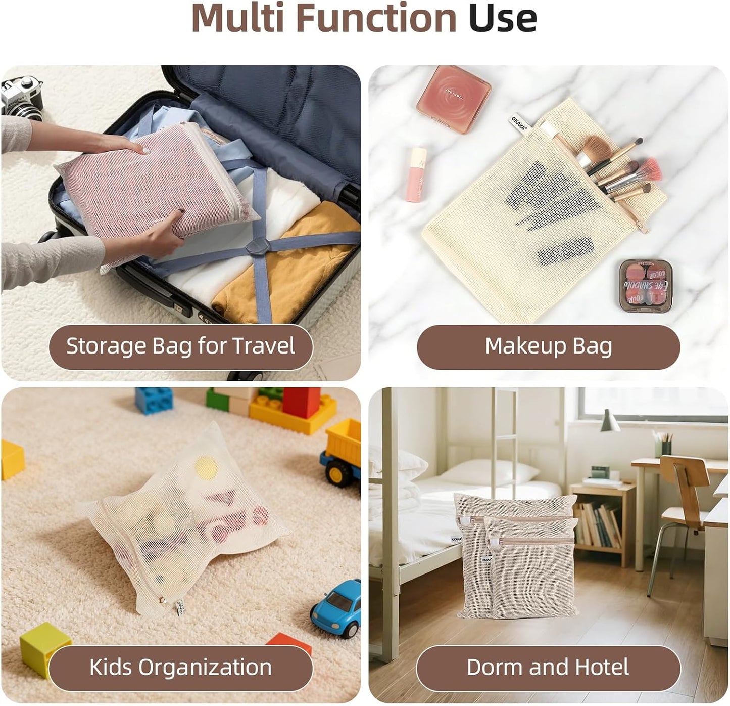 100% Cotton Mesh Laundry Bags, Premium Soft, No Dye, Set of 4, Natural