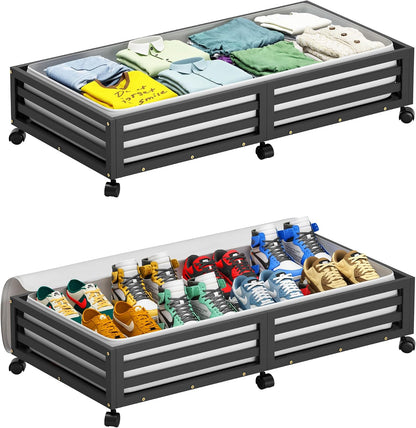 Wisuce 2 Packs Bamboo Under Bed Storage Organizer with Wheels White Small | 360° Lockable Wheels,120lbs Load Capacity, Multi-scene ,Dustproof Clear Storage Bag, Large Capacity,Easy Quick Assembly