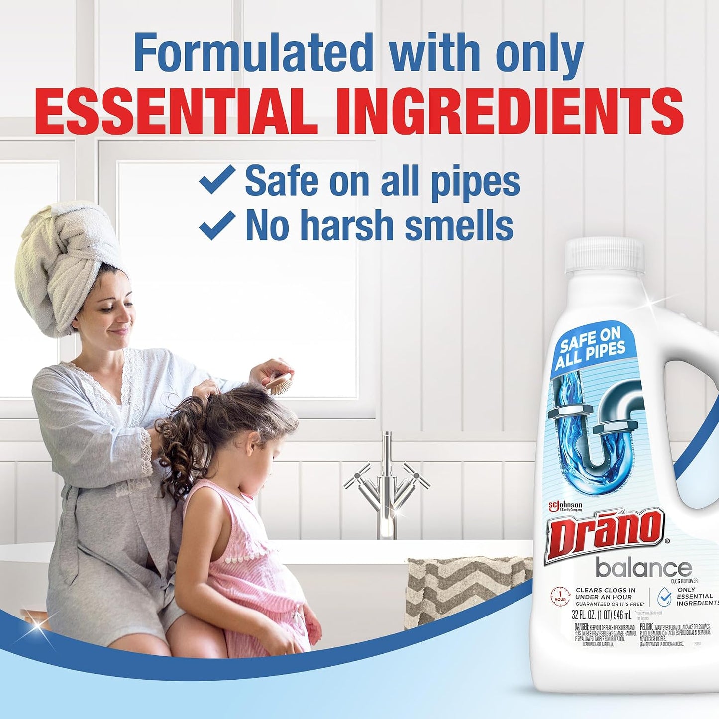 Drano Balance Drain Clog Remover and Cleaner, Non-Corrosive Formula, Safe on All Pipes and Septic Tanks, Formulated Using Only Essential Ingredients, 32 Fl Oz