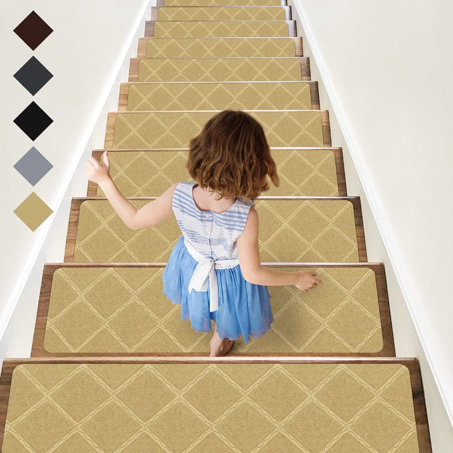 RIOLAND Stair Treads Carpet Non-Slip Indoor 15 PCS Wood Stair Treads Rugs Anti Moving Modern Stair Runners Safety for Kids Dogs, 8" X 30", Diamond Gray