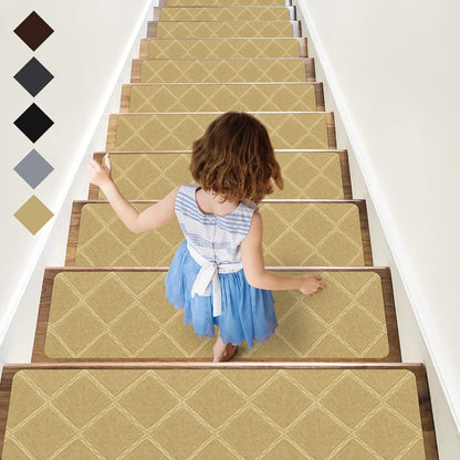 RIOLAND Stair Treads Carpet Non-Slip Indoor 15 PCS Wood Stair Treads Rugs Anti Moving Modern Stair Runners Safety for Kids Dogs, 8" X 30", Diamond Gray