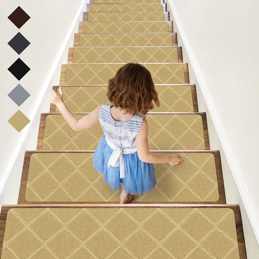 RIOLAND Stair Treads Carpet Non-Slip Indoor 15 PCS Wood Stair Treads Rugs Anti Moving Modern Stair Runners Safety for Kids Dogs, 8" X 30", Diamond Gray
