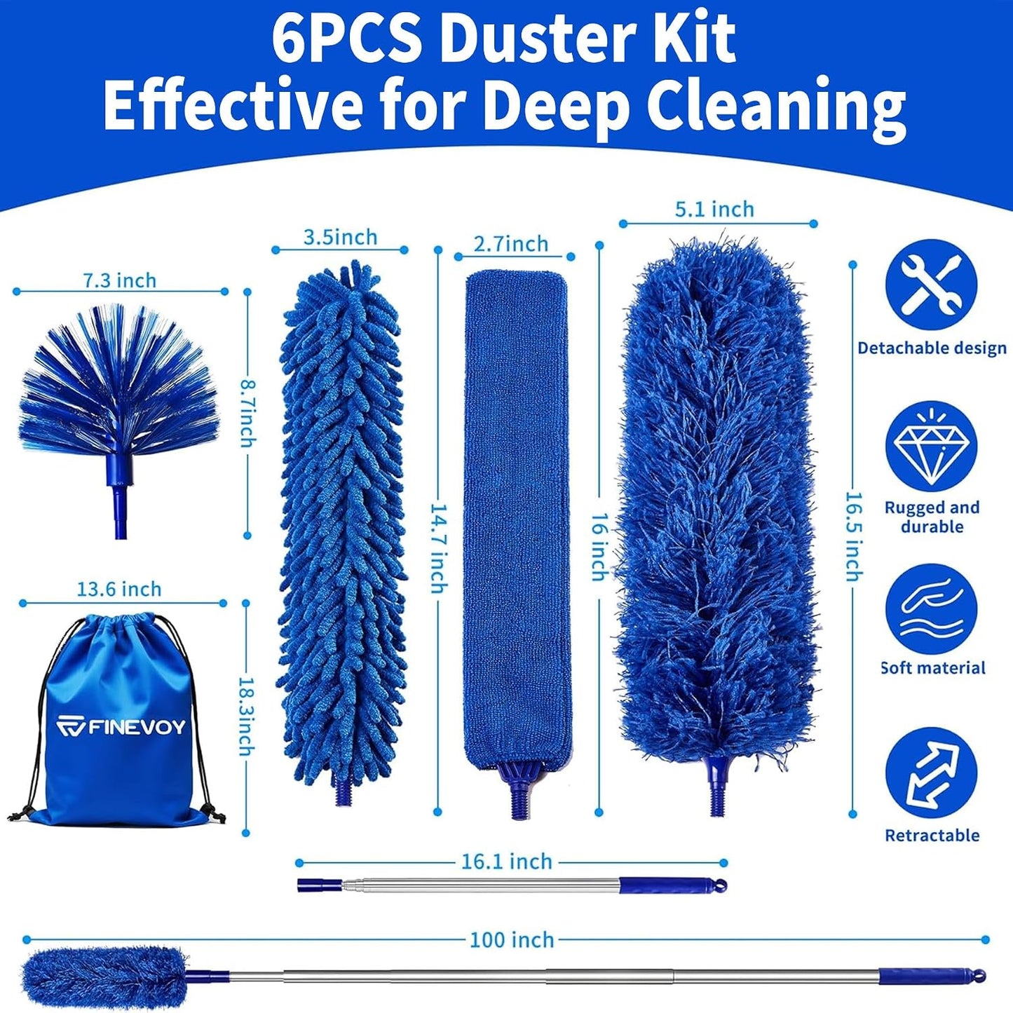 Dusters for Cleaning, Duster with Extension Pole 5 in 1 Kit, Cobweb Duster, Long Dusters for High Ceilings, Microfiber Dusters for Ceiling Fan, Blinds and Furniture