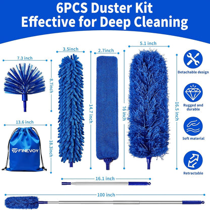Dusters for Cleaning, Duster with Extension Pole 5 in 1 Kit, Cobweb Duster, Long Dusters for High Ceilings, Microfiber Dusters for Ceiling Fan, Blinds and Furniture