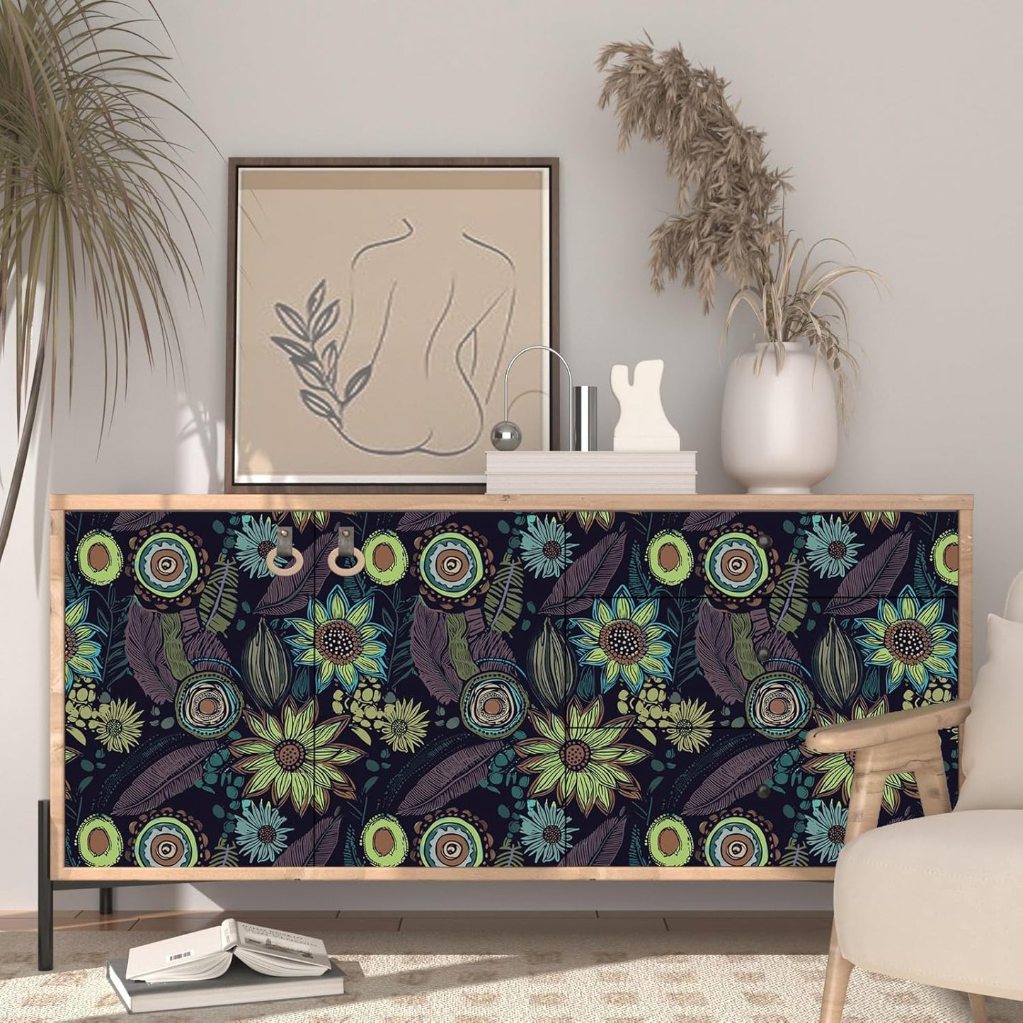 Blue Wallpaper Peel and Stick,Vintage Boho Floral Contact Paper 17.5" x 118", Retro Botanical Flower Wall Paper Self Adhesive Removable Waterproof for Walls Shelves Cabinet Table (Blue,Yellow, Green)