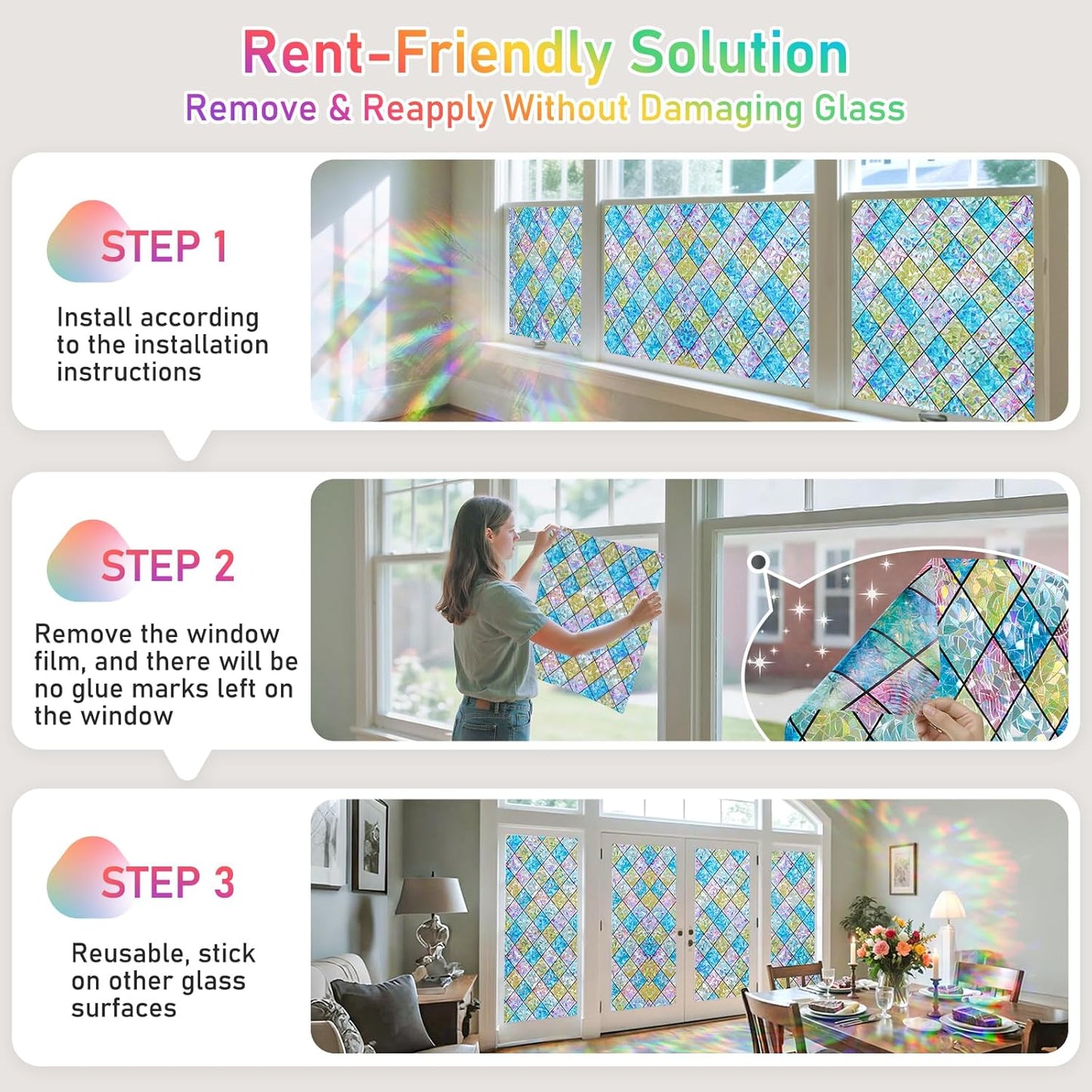 SUNBABY Reeded Glass Window Privacy Film, Frosted Glass Window Film for Bathroom & Front Door, Static Cling Decorative 3D Window Stickers Day and Night Privacy Sun Heat Blocking (17.5 x 78.7 Inch)