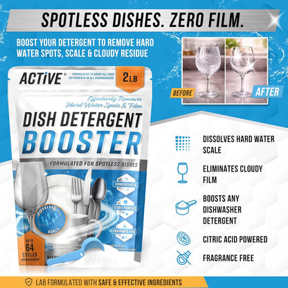 Dishwasher Detergent Booster Prewash Powder - ACTIVE Citric Acid Dishwashing Additive for Hard Water, Natural Dish Washer Shine & Rinse Aid, Lime Scale Remover for Cloudy Glassware - 64 Uses (32-oz)