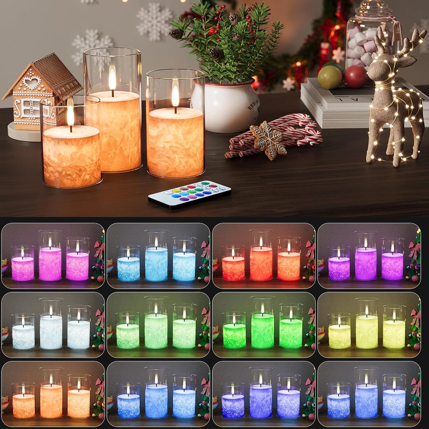 VIODAIM Ice Crystal Real Wax Glass Flameless Candles with Remote & Timer, Battery Operated Candles with Warm Flickering Flame, Realistic LED Candle for Wedding Home Decor [D3×H4/5"/6"] Gold, 3Pack