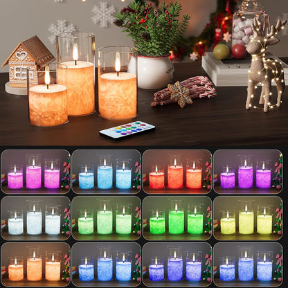 VIODAIM Ice Crystal Real Wax Glass Flameless Candles with Remote & Timer, Battery Operated Candles with Warm Flickering Flame, Realistic LED Candle for Wedding Home Decor [D3×H4/5"/6"] Gold, 3Pack