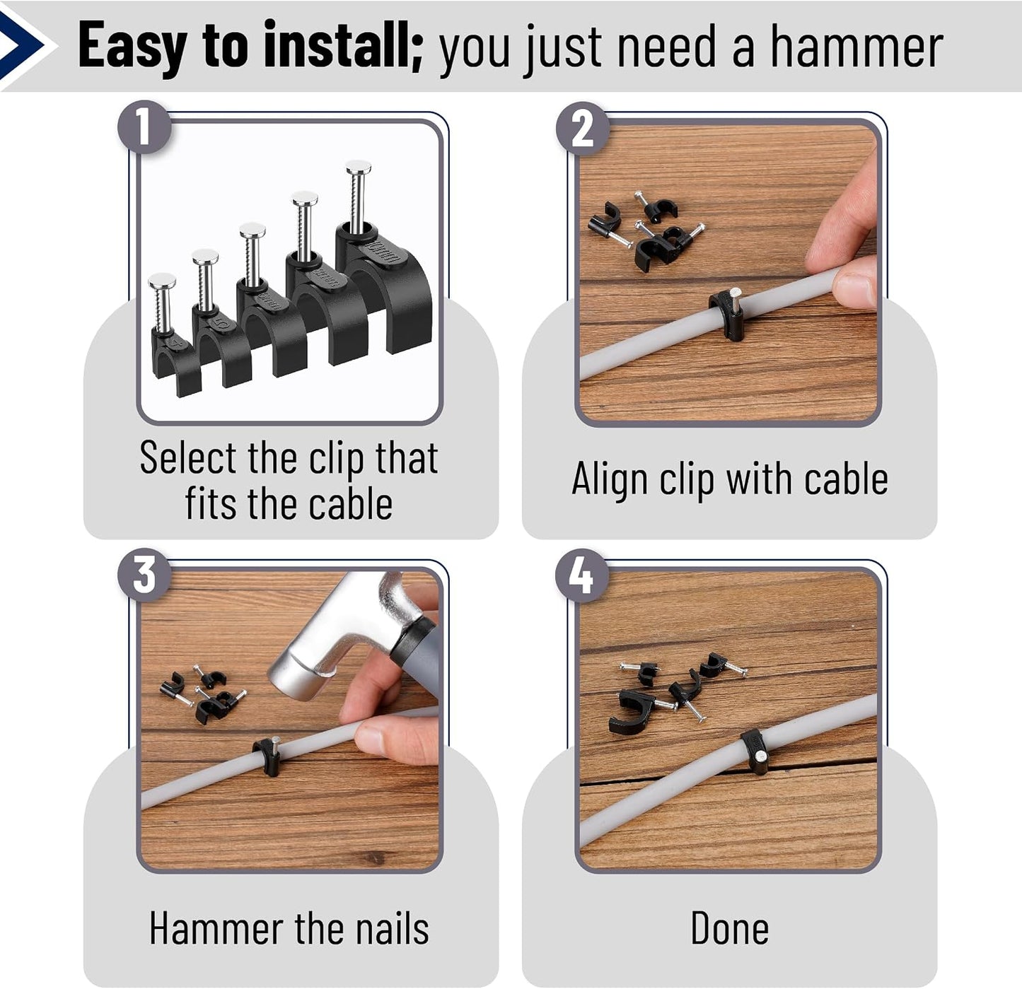 Bates- Cable Clips with Steel Nails, 200 pcs, White, Large, 2-Nail Cord Clips for Wires on Wall, Cable Wall Clip, Wire Wall Clips, Cable Wire Clips, Coaxial Cable Clips, Cord Wall Clip