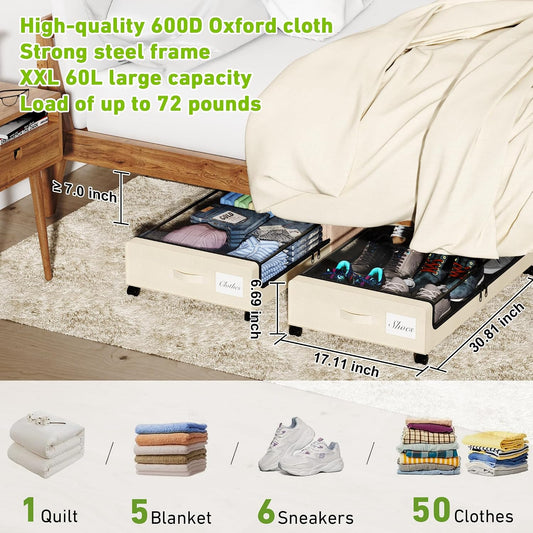 YAASHEEN Under Bed Storage with Wheels, 2-Pack Under the Bed Storage Containers with Clear Lids & Label, Underbed Storage Bins, XXL 60L Rolling Metal Drawer for Clothes, Shoes, Toys, Books - Gray