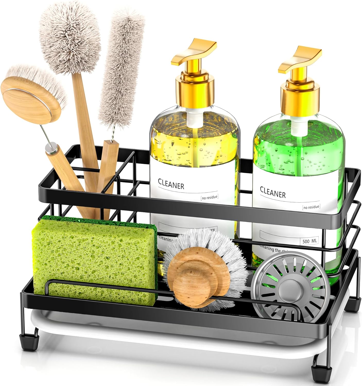 Cisily Stainless Steel Sponge Holder for Kitchen, Sink Caddy Sink Organizer Rack for Kitchen Accessories with Drip Tray, Rustproof and Non-slip, Dish Soap Dispenser Countertop Organizer