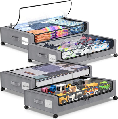Molutsody Under Bed Storage with Wheels, 2-Pack Underbed Storage Containers with Clear Lids, Under Bed Shoe Storage Organizer, Rolling Under the Bed Storage Bins for Clothes Shoes Blankets (Black)
