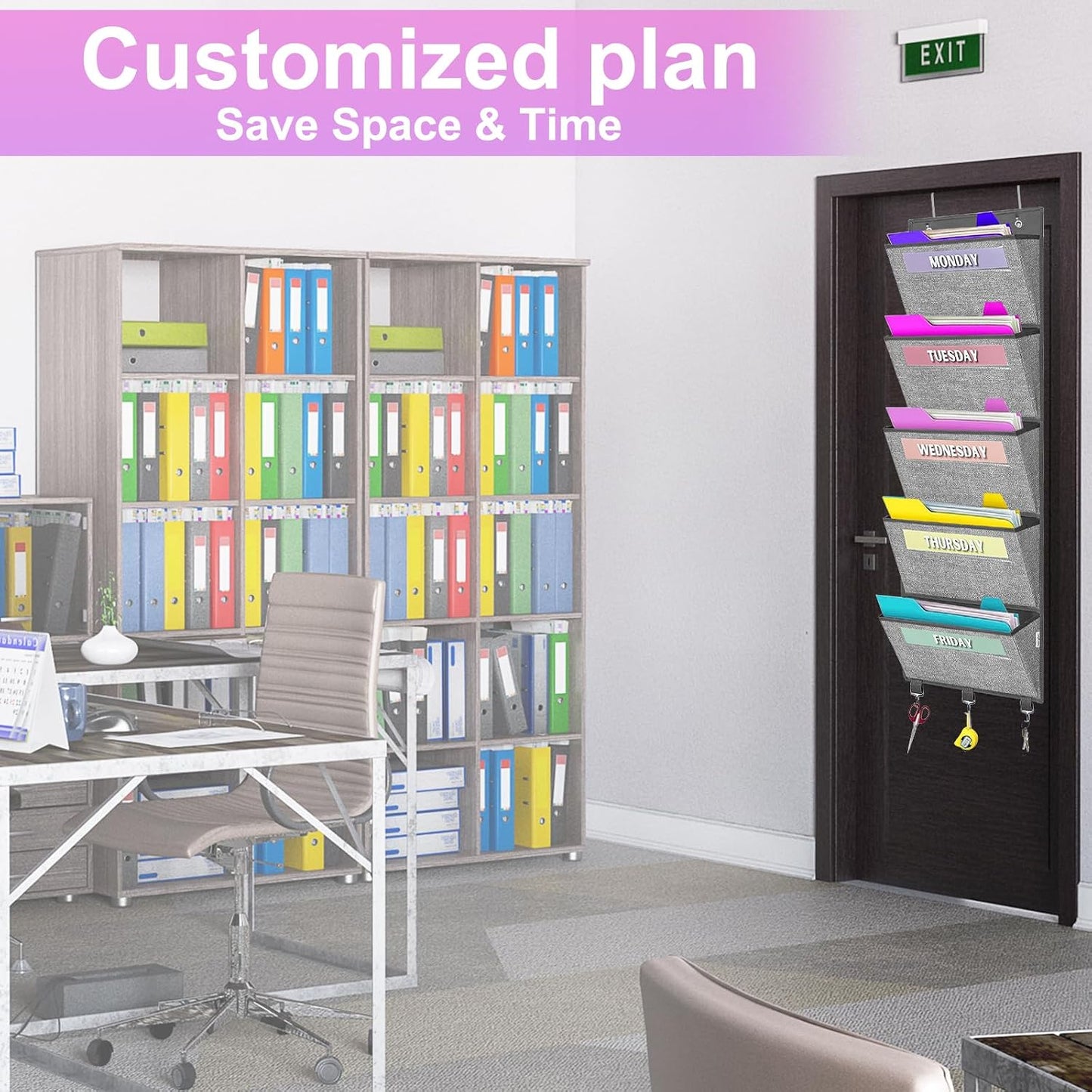 homyfort Over the Door File Organizer, Wall Hanging File Folders with 5 Large Pocket for Mails, Magazines, Back to School Supplies,Office Chart Storage, Paper Organization (Grey)