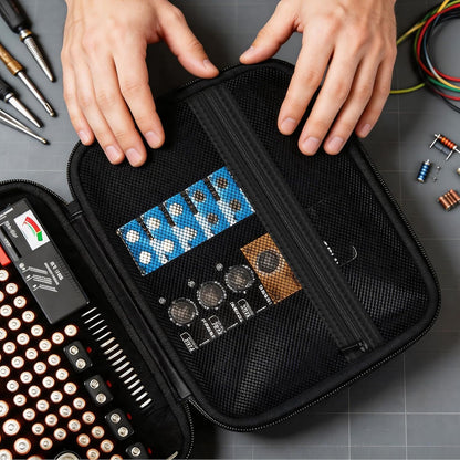 Comecase Battery Storage Case with Tester, Holds 148+ AA AAA C D 9V, Black | Hard-Shell Design, Carry Handle and Custom Foam Slots Keep Batteries Visible, Separated and Ready for Home, Garage or Office