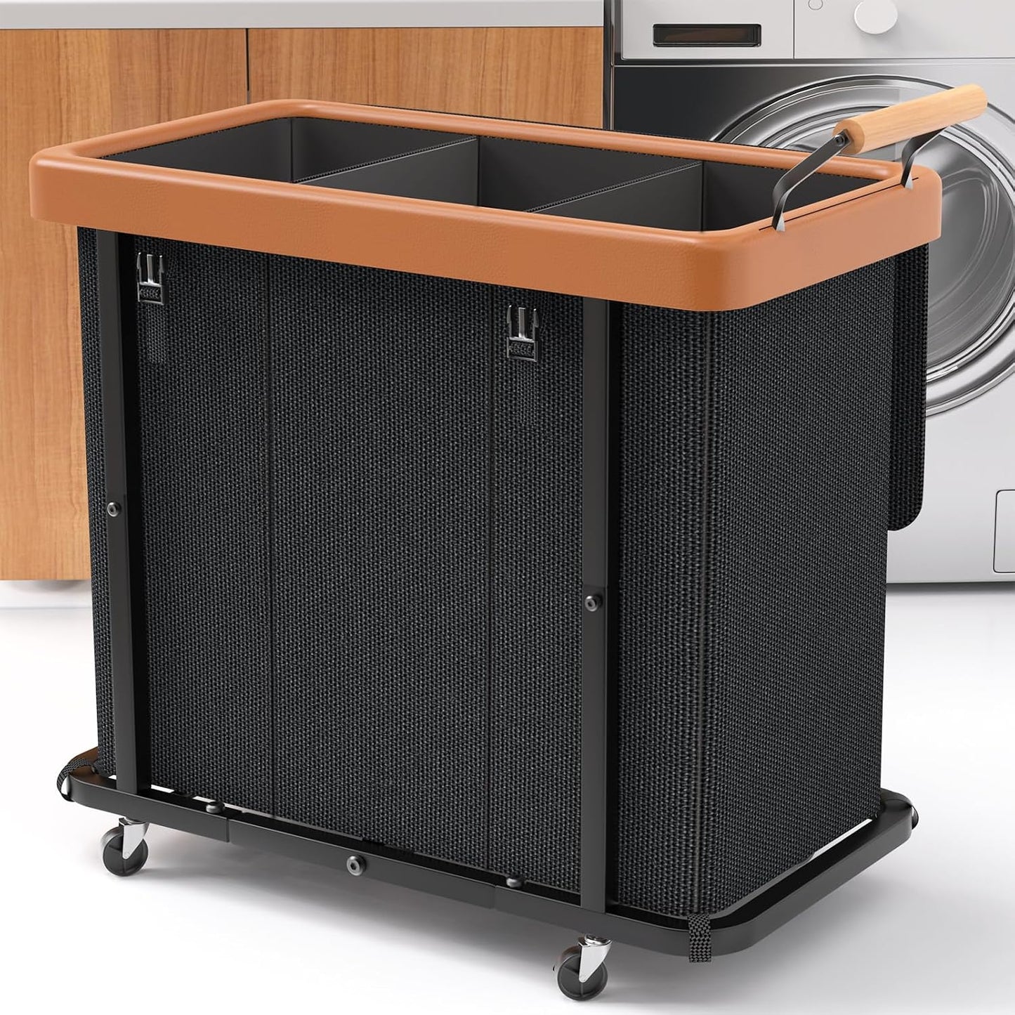230L (60 Gal) Extra Large Fashion Laundry Sorter 3 Section with Lid, Rolling Laundry Basket Hamper with Handle, Laundry Organizer Storage Cart with Sturdy Metal Frame for Laundry Room, Hotel, White