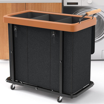 230L (60 Gal) Extra Large Fashion Laundry Sorter 3 Section with Lid, Rolling Laundry Basket Hamper with Handle, Laundry Organizer Storage Cart with Sturdy Metal Frame for Laundry Room, Hotel, White