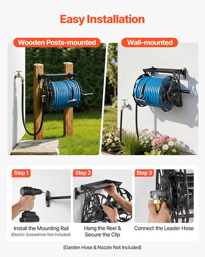 VEVOR Wall Mounted Garden Hose Reel, Holds 125 ft 5/8-inch Hose, Heavy-Duty Water Hose Winder, Space-Saving Design, Outdoor Manual Reel with Brass Fitting and Storage Basket for Yard Lawn