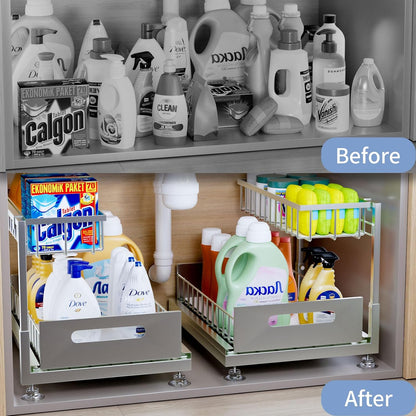 Saydear Under Sink Organizer Storage 2-Tier Premium Metal Pull-Out Kitchen Cabinet Organizer with Sliding Drawer, Height Adjustable, Heavy Duty for Kitchen & Bathroom Organizers 2 Pack Black