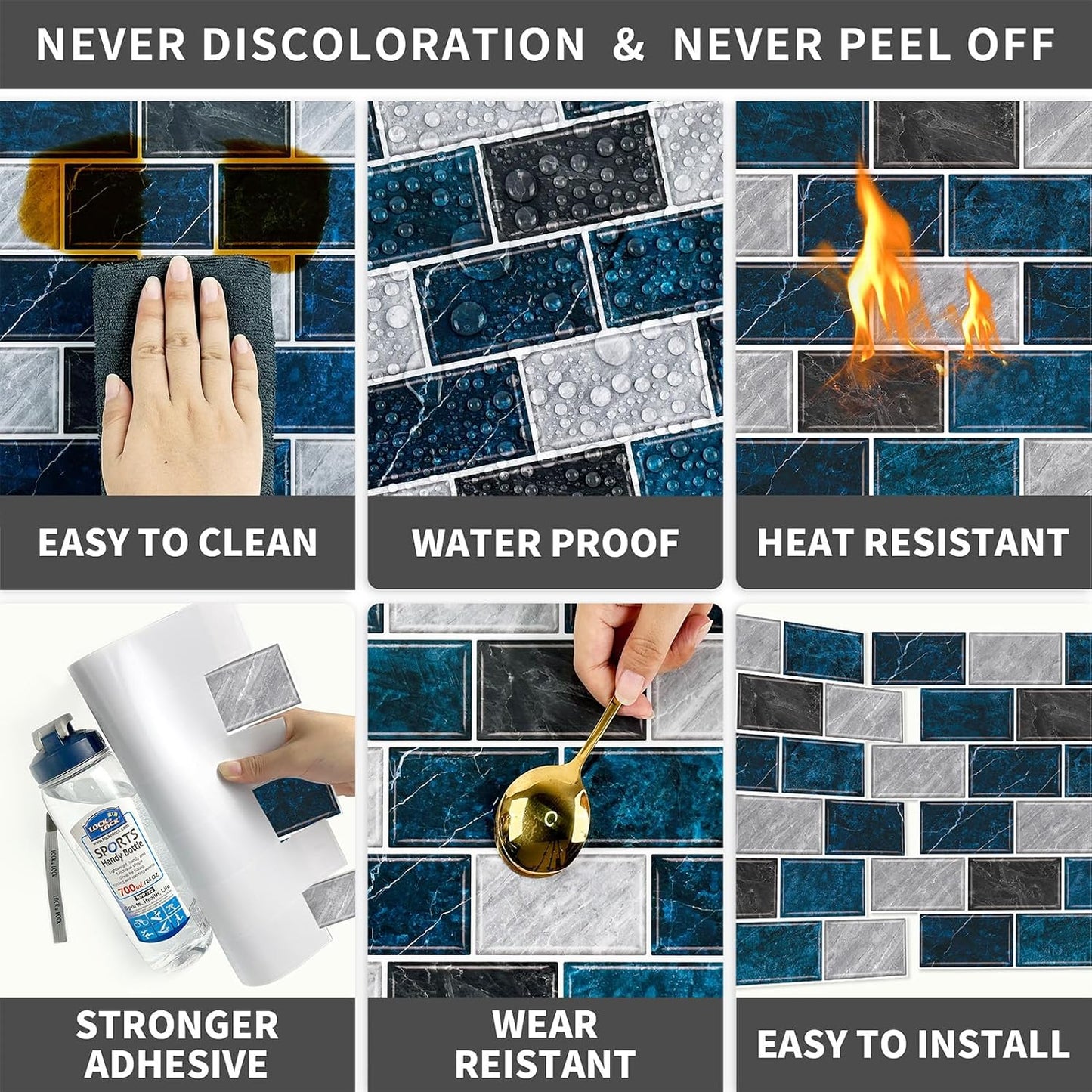 URCOLOR 10-Sheet Stick on Backsplash for Kitchen,12"x12" Peel and Stick Self Adhesive Wall Tiles Back Splashes for Bathroom Brown Marble Look
