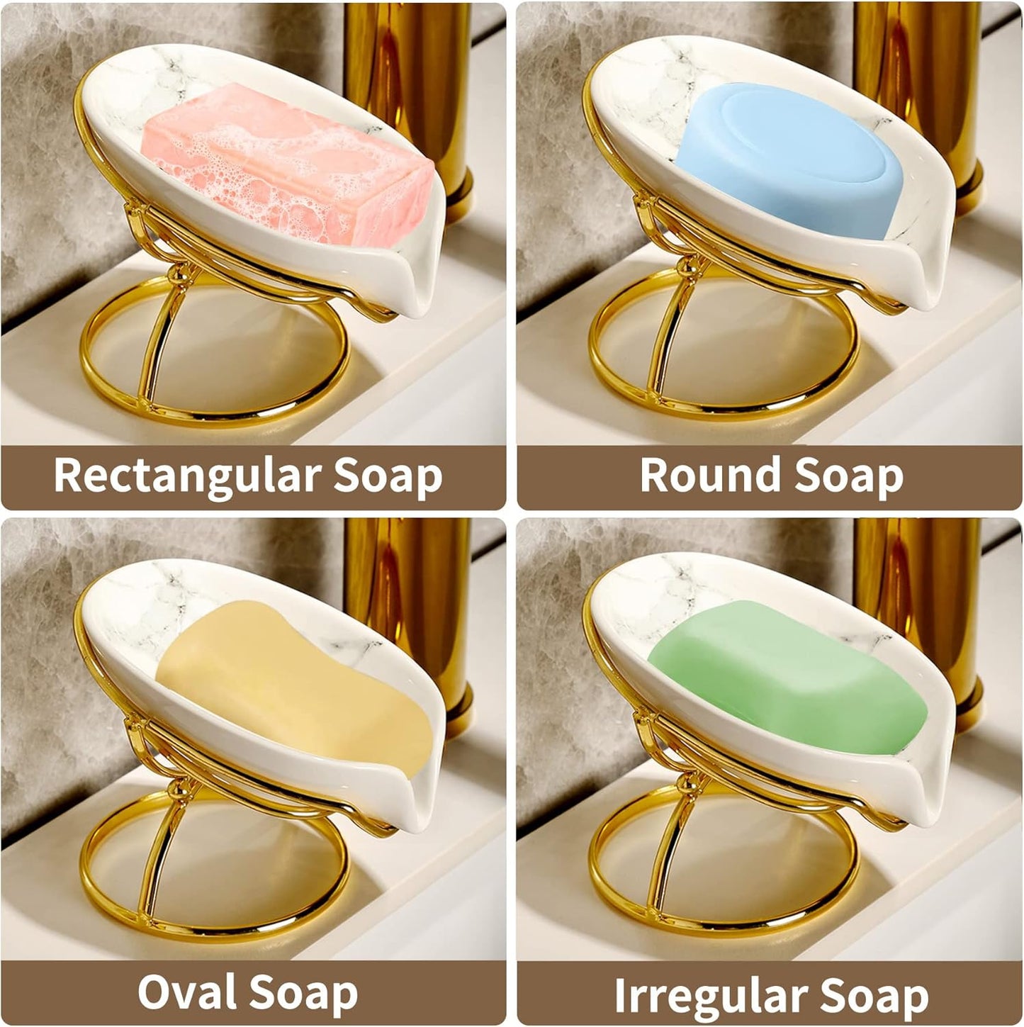Dobbyby Leaf-Shaped Soap Dish – Premium Ceramic Soap Bar Holder with Self-Drainage System – Bar Soap Holder for Shower, Bathroom Sink, Kitchen – Waterfall Soap Dish with Stainless Steel Stand (SLIVER)