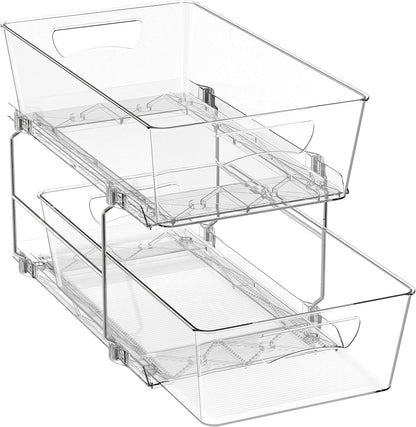 Simple Houseware 2 Tier Basket Drawer Cabinet Pull-Out Organizer, 2 Pack, Clear