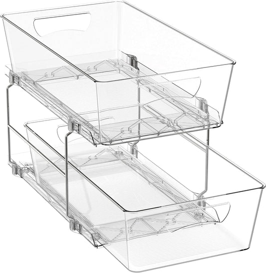 Simple Houseware 2 Tier Basket Drawer Cabinet Pull-Out Organizer, 2 Pack, Clear