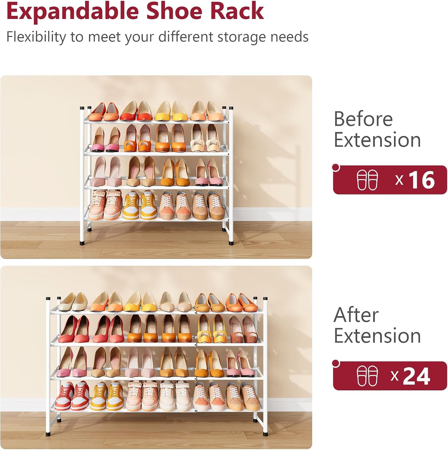 Tajsoon Expandable Shoe Rack for Closet 3 Tier, 28“-41“Adjustable & Stackable Shoe Shelf Storage, Metal Shoe Rack Organizer for Front Door Entrance, Closet, Garage, Entryway, Black