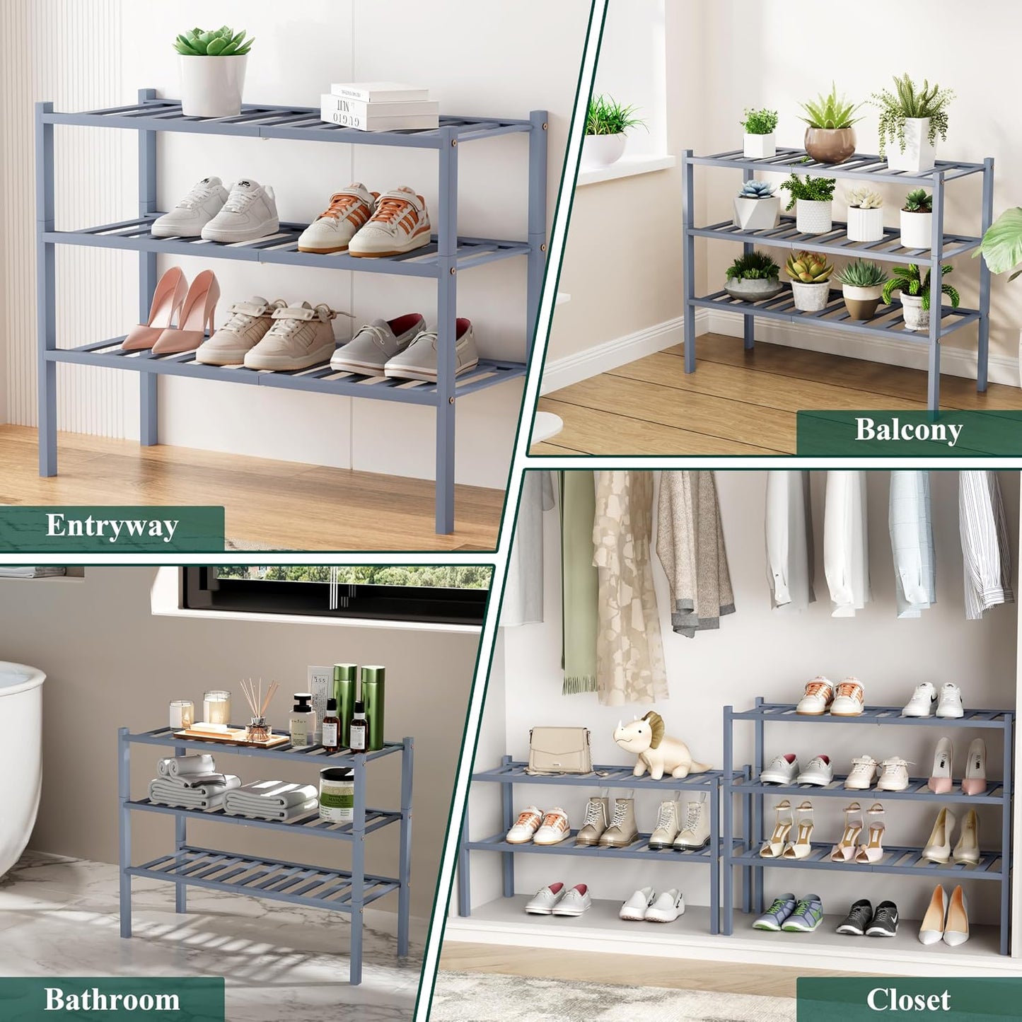 Smiry Bamboo Shoe Rack, 3 Tier Free Standing Wooden Shoe Organizer, Stackable Wood Shoe Storage Shelf for Closet, Entryway, 12 Vertical Slats, 2+1 Stack Standard Legs, 26.8"x11"x19.5", Natural